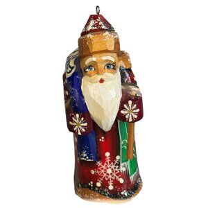 Mini Russian Ded Moroz Santa Ornament Hand Painted Wood Signed 3"